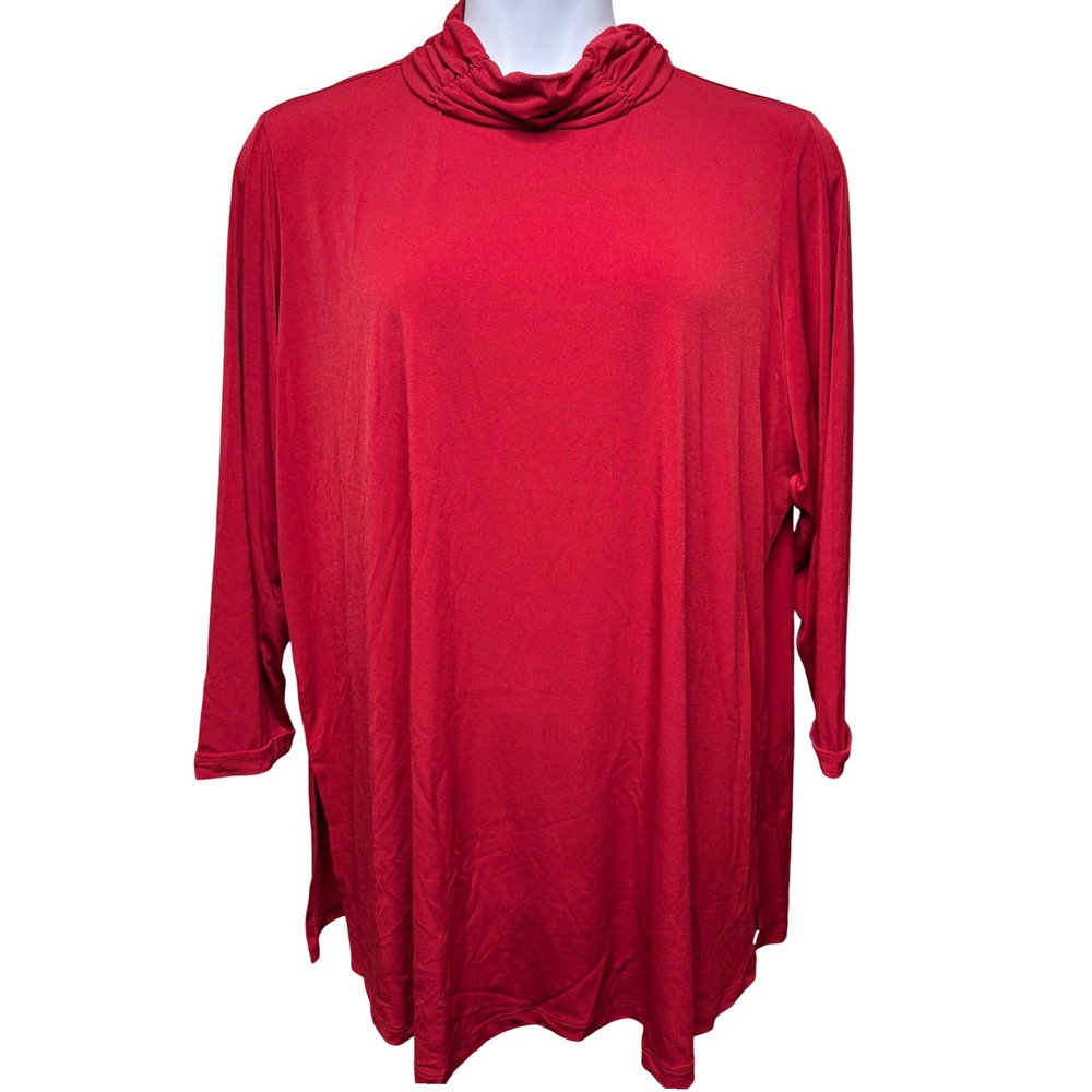 SUSAN GRAVER Womens Red Liquid Knit Mock Neck Ruched Long Sleeve Tunic Top 2X